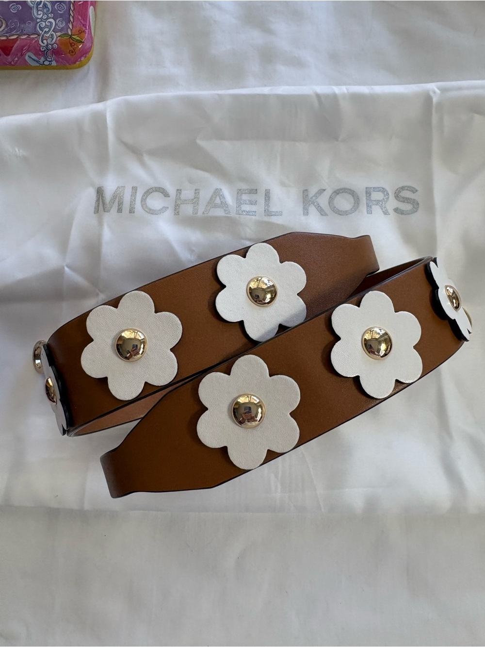Michael Kors Brown Leather Floral Novelty Guitar Crossbody Strap
